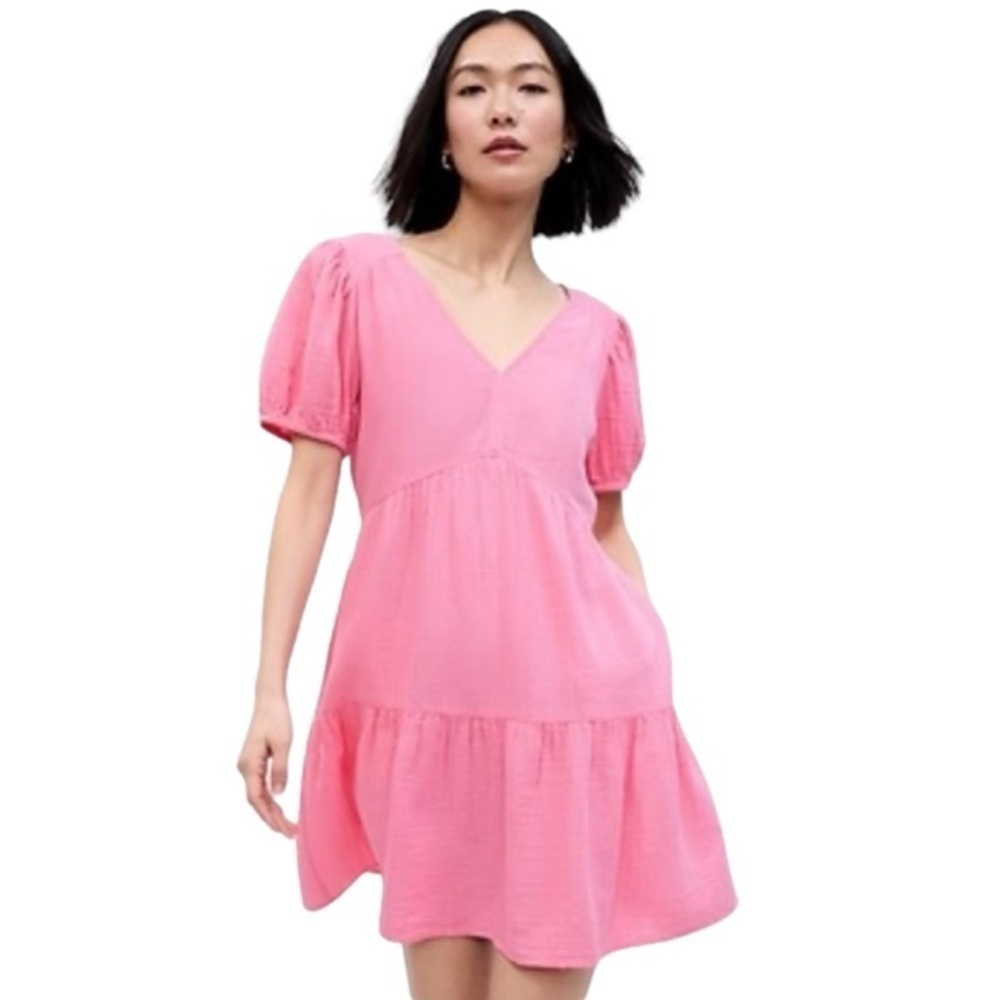GAP Mini Dress Crinkle Gauze Puff Short Sleeve Tiered Pink Women Size S